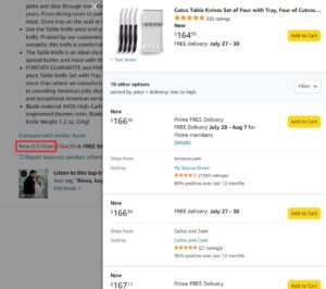 Screenshot showing various buying options for a set of Cutco knives.