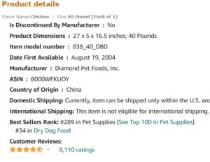 Amazon product details for Diamond Naturals dog food.