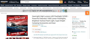 Amazon listing for a patented flashlight.