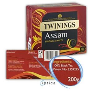 A box of tea displays the product’s patent number.